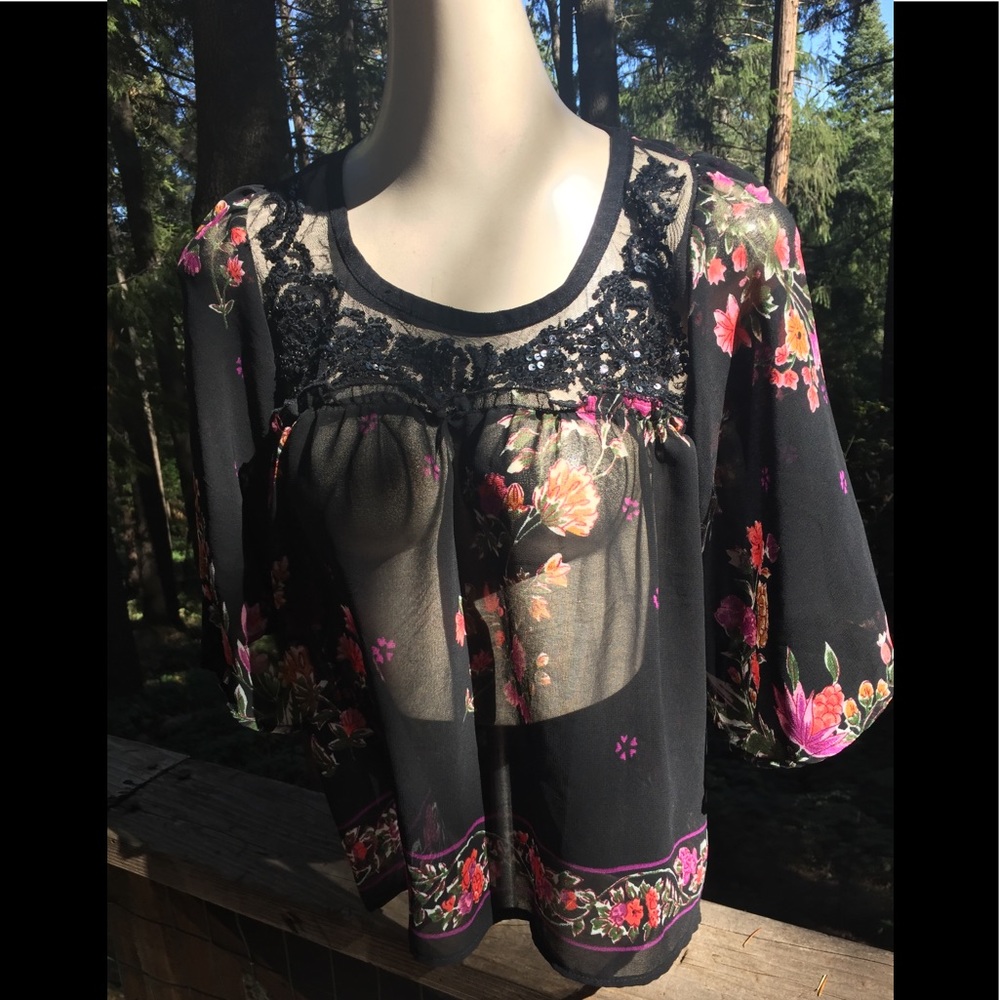 Angie black chiffon vintage bell sleeve embellished dark floral sheer blouse